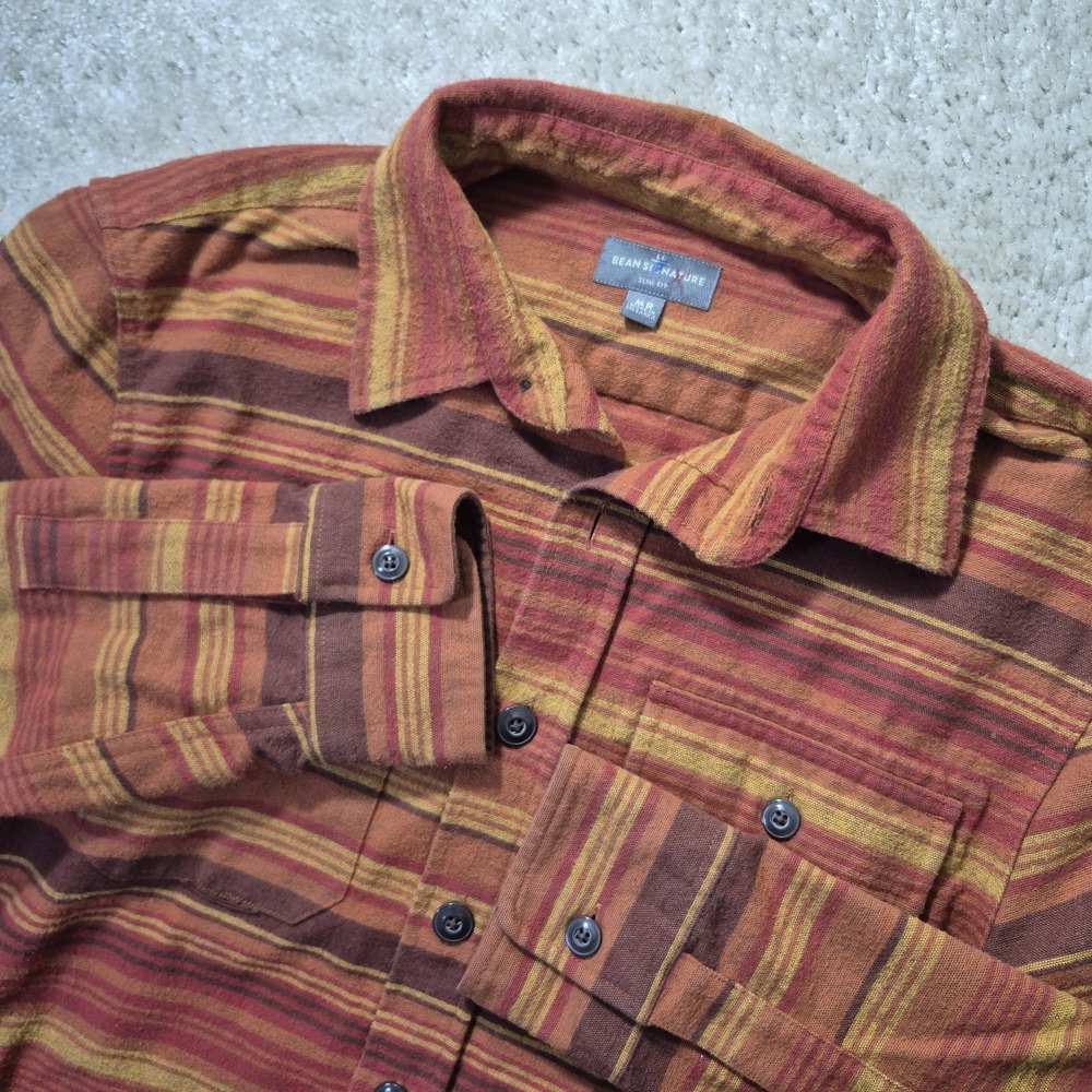 LL Bean Chamois Shirt Mens Medium Orange Stripe Button Up Southwestern Workwear
